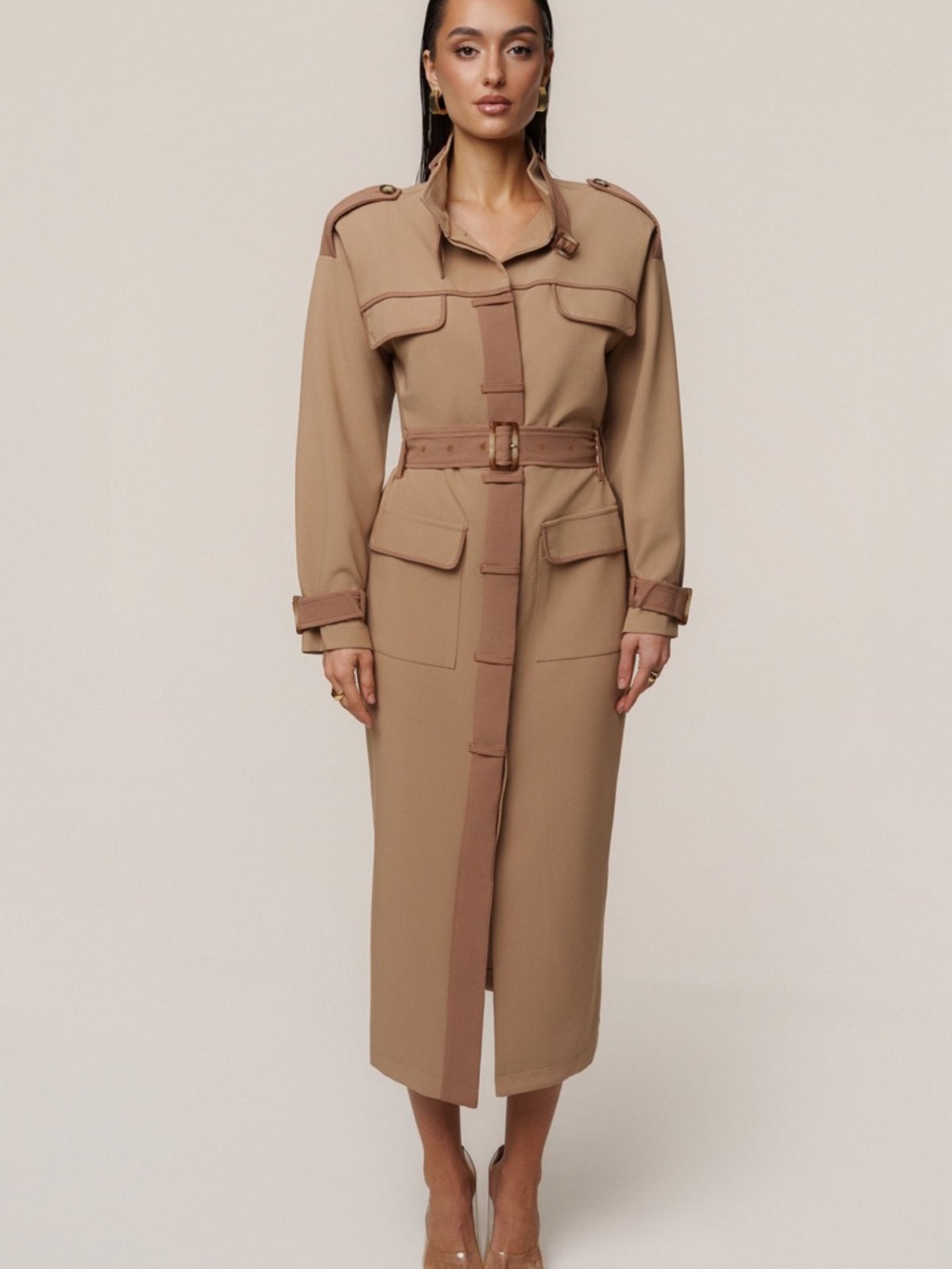 JLUXLABEL Beige Tan Icon Belted Midi Dress Belted Midi Trench Coat Military S - Picture 2 of 9